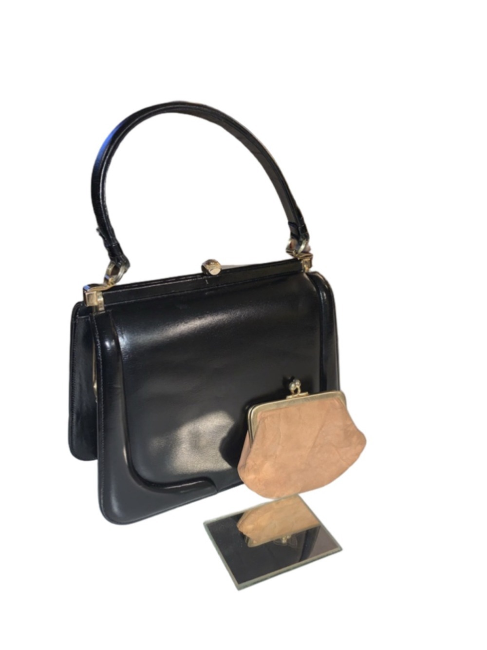 Women's vintage Black Satchel with change purse removable mirror One Size